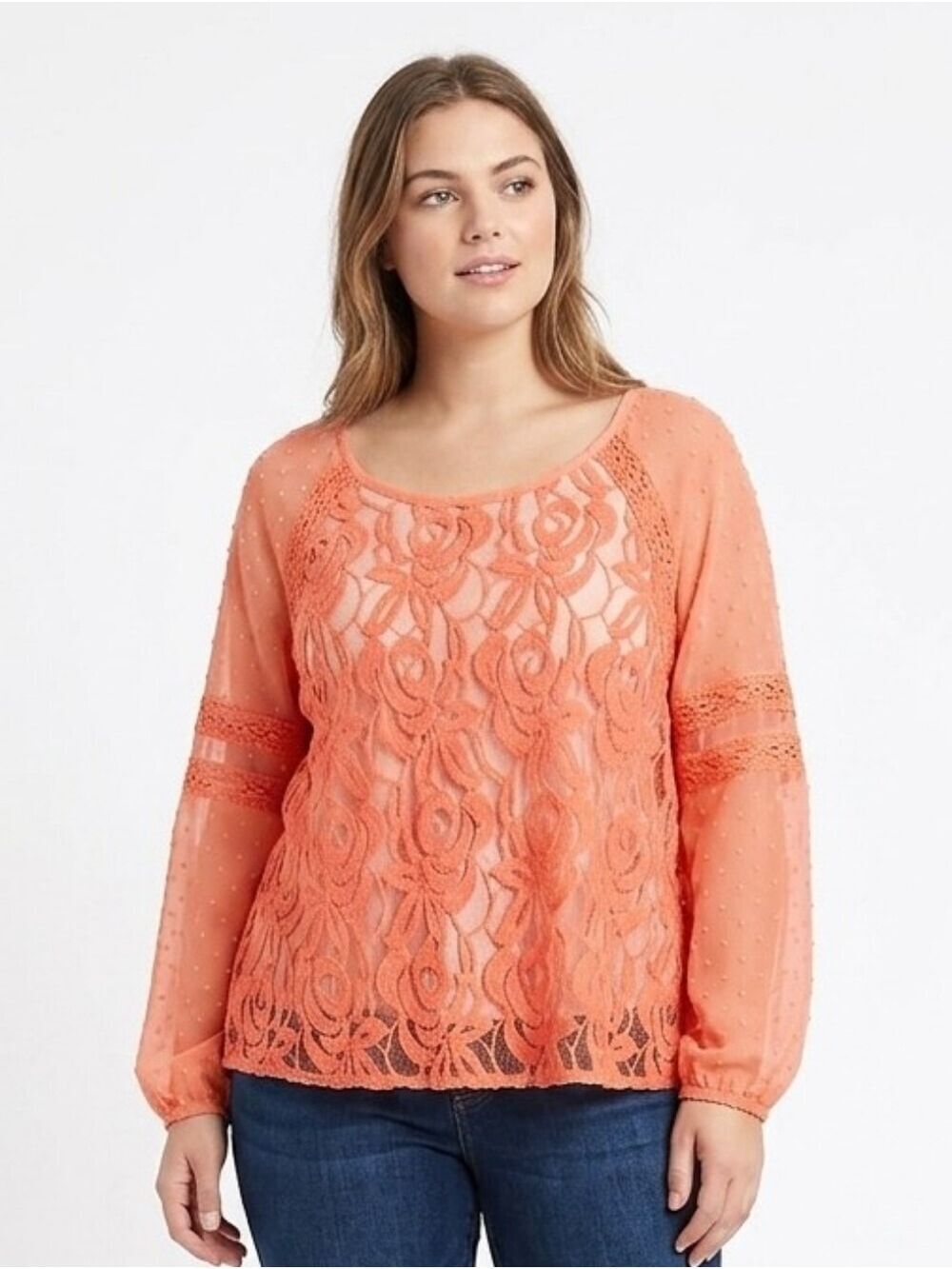 None Boho Coral Lace Blouse Sheer Embroidered Crochet Top Swim Cover-up Tunic